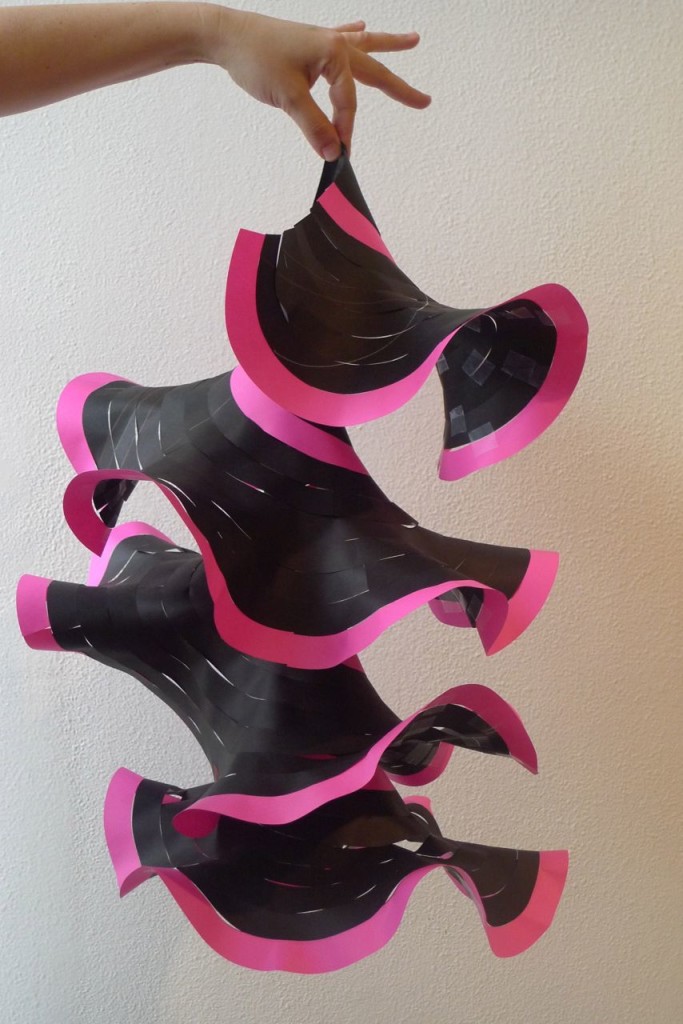 This lovely model of a hyperbolic plane resembles a sea slug, with the pink edge highlighting the hyperbolic frills.
