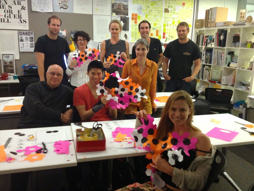 Students and staff at the Institute for Sustainable Futures, at UTS, with their hyperbolic surfaces. March 2013.