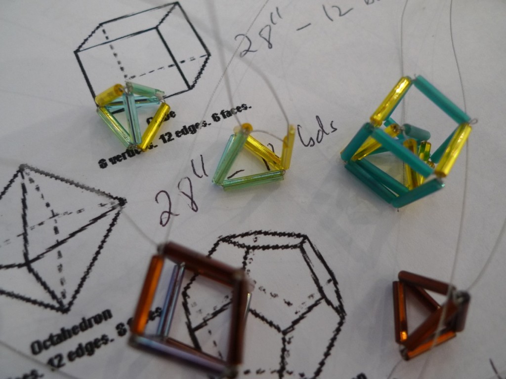 Beaded platonic solids at the IFF workshop by Kathryn Harris. May 3, 2013.