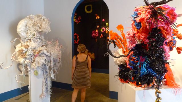Giant plastic crochet sculptures curated  by Christine Wertheim - IFF Science + Art Residency, 2013. Left: Plastic Bag Dreaming. Right: Plastic Silurian.
