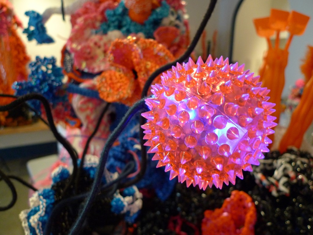 Detail of plastic crochet silurian creature by Christine Wertheim.