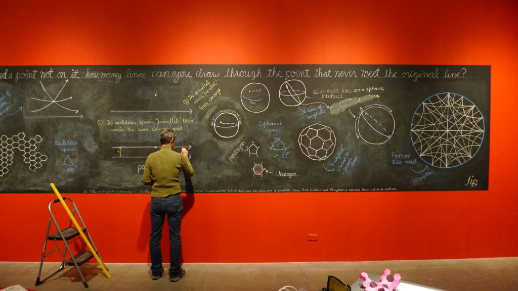 Margaret Wertheim drawing hyperbolic diagrams at the "Reefs, Rubbish and Reason" exhibition, Art Center College of Design, 2012.